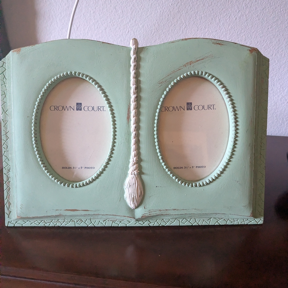 Mint Green Double Picture Frame With Gold Accents